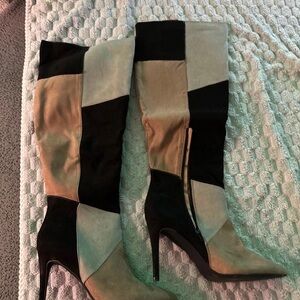 Patchwork Suede Over-the-Knee Heeled Boots - Black & Taupe